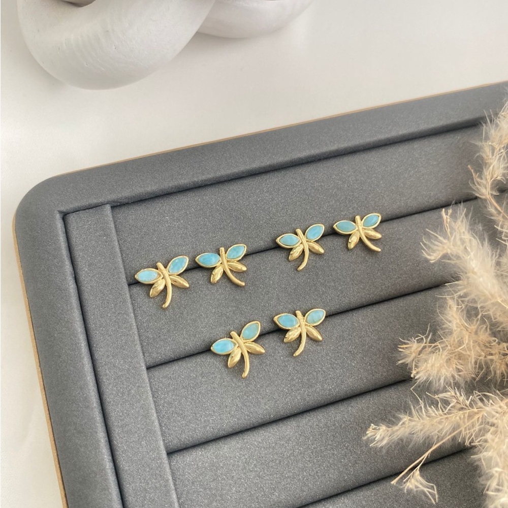 Gold Bee Stud Earrings with Larimar Inlay